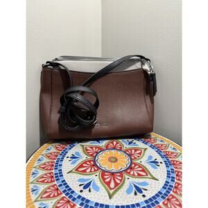 Nine West Crossbody Bag – Brown Cream Faux Leather Silver Hardware Adj Strap